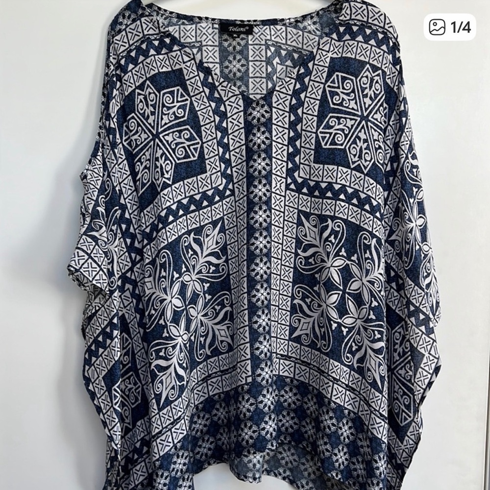 Anthropologie Tolani Silk Top Cover Up Navy White Geometric SIZE MEDIUM
